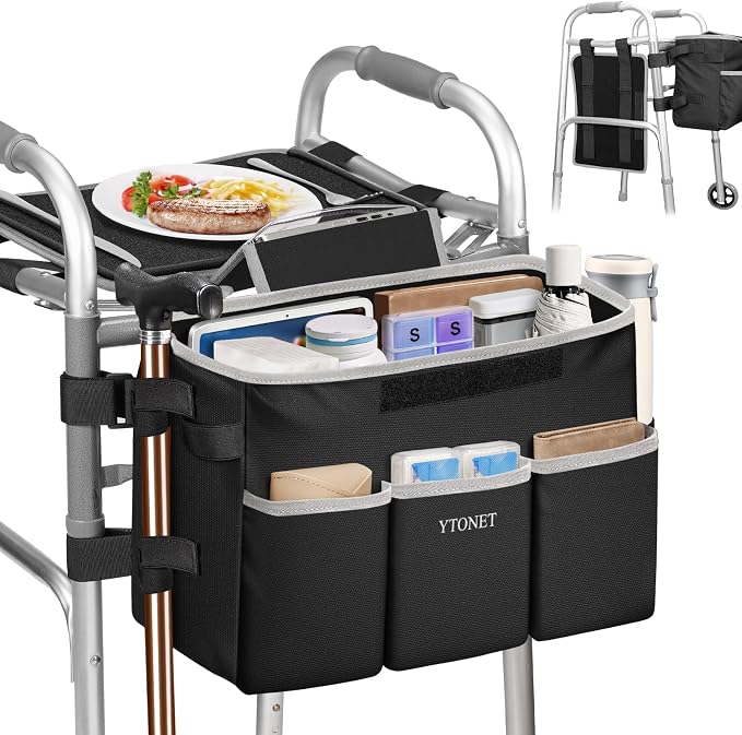 Ytonet Walker Basket with Tray, Detachable Walker Tray for Folding Walkers | Large Capacity Storage Baskets with Phone and Crutch Holder Water-Resistant Non-slip Walkers Accessories for Seniors Black