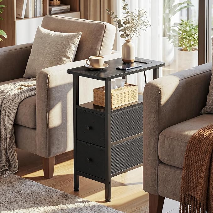 Narrow End Table with Charging Station, Small Nightstand | Skinny Side Tables Living Room with 2 Fabric Drawers, Slim Bedside Table for Bedroom, Small Spaces, Couch, Black