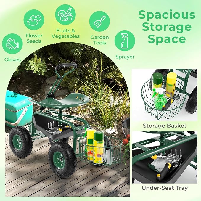 Garden Seat with Wheels, Rolling Stool with Extendable Handle, Storage Basket & Tool Tray, Garden Scooter with 360 Degree Swivel Seat for Outdoor & Yard (Green)