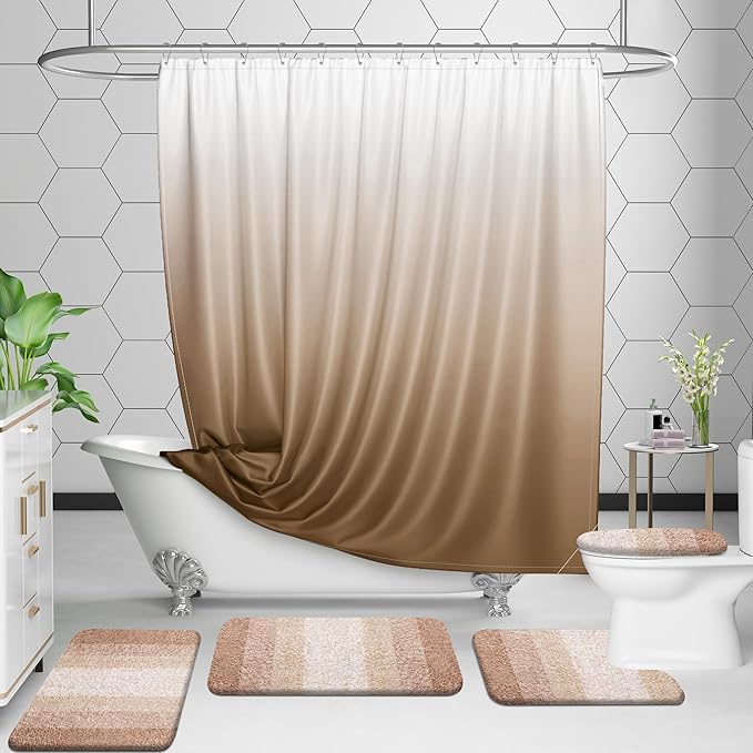 OLANLY Bathroom Rug Set 2 Piece, Soft Absorbent Microfiber Bath Mats and U-Shaped Contour Toilet Rug, Non-Slip, Machine Wash Dry, Plush Shaggy Bath Mats for Bathroom (30"x20"+24"x20", Beige)