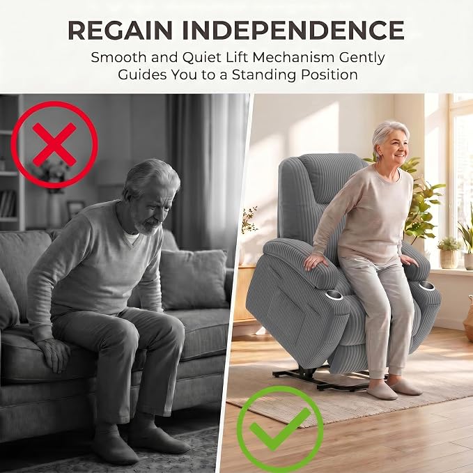 Flamaker Power Lift Chair Massage Recliner Chairs for Elderly | Ergonomic Lift Recliner Design with Cup Holders & Side Pockets, Remote Control (Corduroy, Dark Gray)
