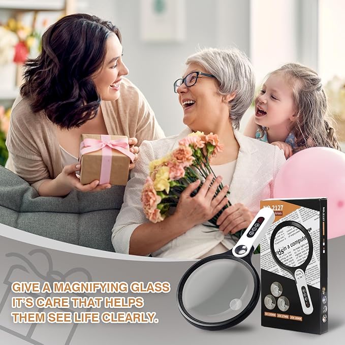 Large Magnifying Glass with Light, Ebbnivs Handheld Magnifying Glasses Magnifier with 5 Light Modes & 10 Level Brightness Gift for Elderly Reading Close Work Hobby