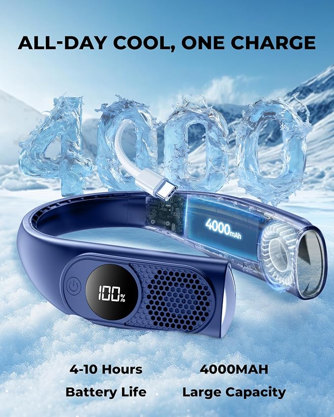 Portable Neck Fans that Blow Cold Air, Wearable Bladeless Neck Fan, Rechargeable 360°Personal Fan Neck Cooler, 3-Speed, LED Display, 4000mAh, Type-C Port, For Travel, Birthday Gift for Women-Blue