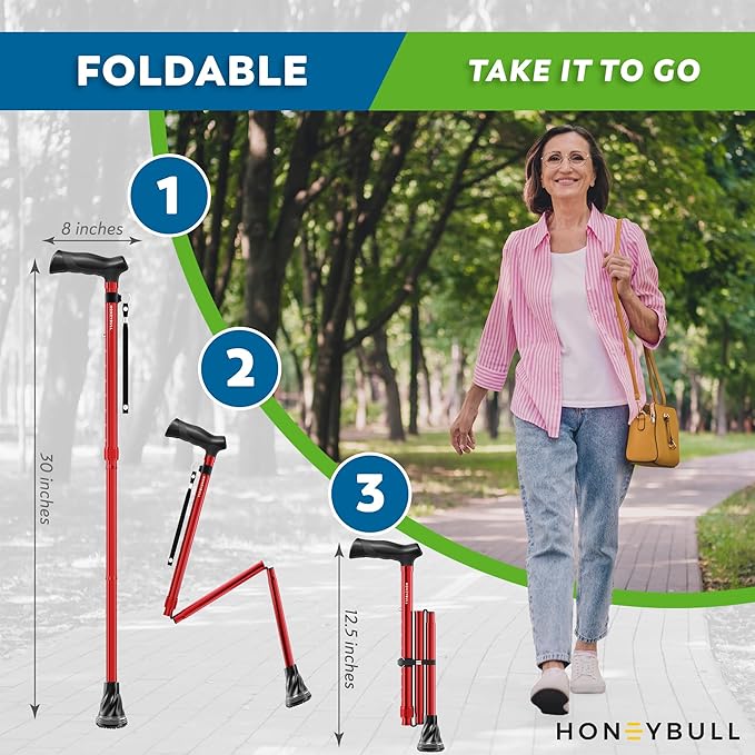 HONEYBULL Walking Cane for Men & Women – Foldable, Adjustable, Lightweight Cane with Air Cushion Tip for Stability & Ergonomic Grip, Heavy Duty Walking Sticks for Seniors