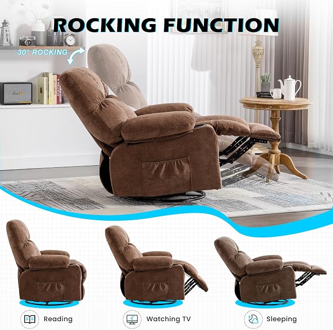 MAHOMICO Oversized Recliner Chair with Massage and Heat, 360° Swivel Rocker | Fabric swivel rocker recliner with ergonomic support, USB charging, cup holders and side pocket for living room