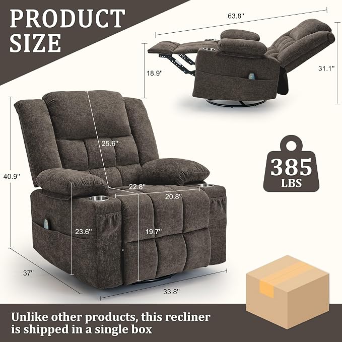 Korser Swivel Rocker Recliner, Nursery Glider Recliners for Adults with Massage & Heat, Rocking Chair with Cup Holder, Manual Recliner Chairs for Living Room, Bedroom (Brown)