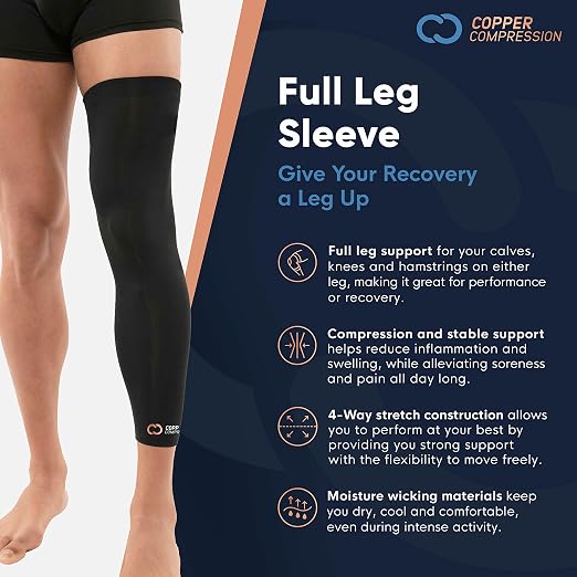 Copper Compression Leg Compression Sleeve - Copper Infused Knee Stabilizer Brace for Running, Meniscus Tear, ACL, MCL, Arthritis, Joint Pain Relief - Thigh & Calf Support for Men & Women - Black - M