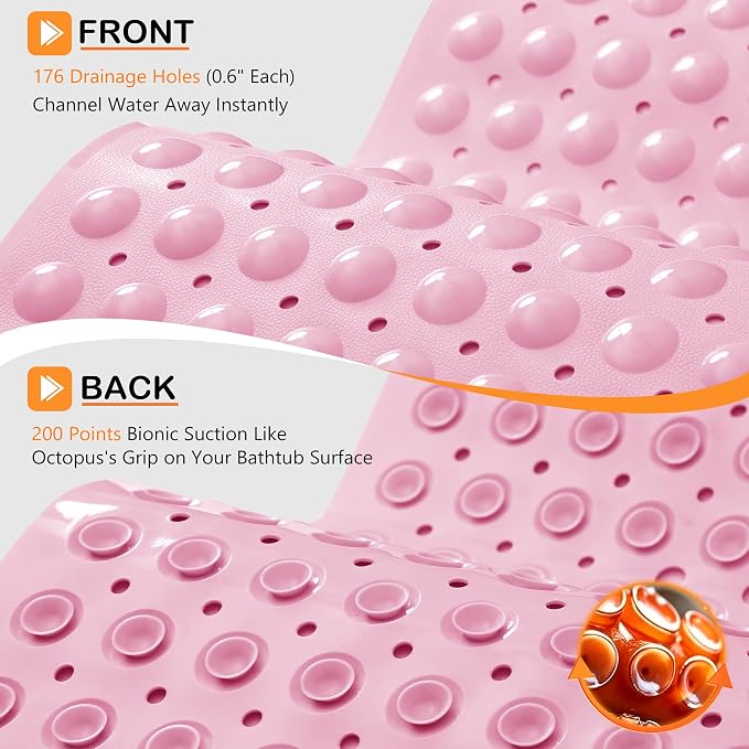 Yimobra Non Slip Bathtub Mat 40 x 16 Inch, Extra Long Shower Mat with Drain Holes, Machine Washable Baby Bath Mats, Strong Suction Cups for Bathroom Floor, Pink