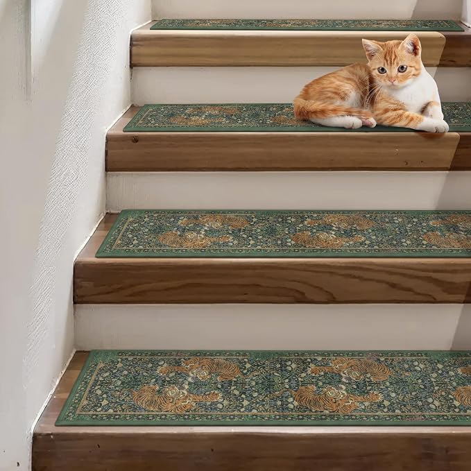 SARBEN 8"x30" Non Slip Stair Treads for Wooden Steps 15 Pack, Green Tiger | Peel and Stick Carpet Stair Runner with TPE Adhesive Backing, Carpet for Added Safety, Pet and Senior Friendly