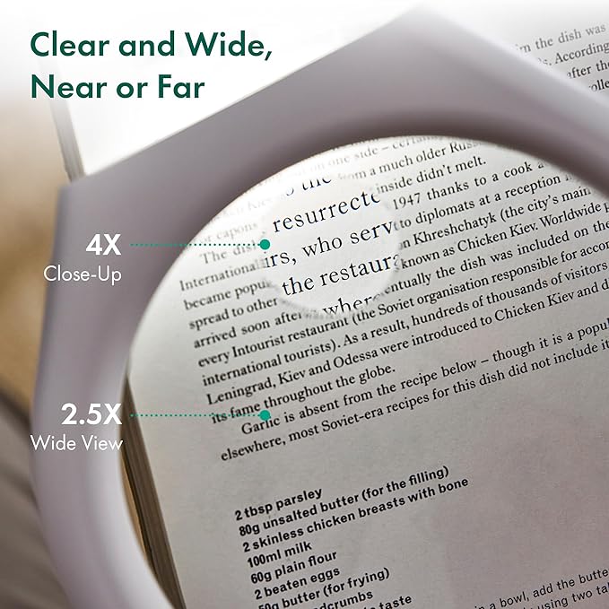 White Magnifying Glass with Light, 2.5X, 4X Handheld Large Magnifying Glass 3-LED, Support, Storage Pouch, Illuminated Lighted Magnifier for Seniors Reading, Observation, Research
