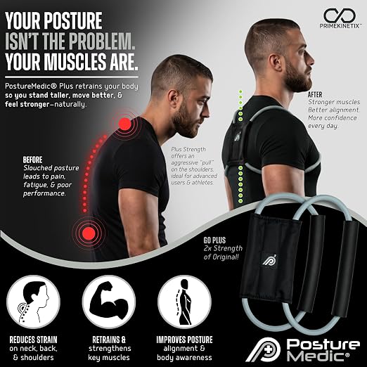 PostureMedic Plus Strength Dynamic Posture Corrector for Athletes – High Resistance Training System for Performance & Recovery – Professional Grade Posture Trainer for Men & Women - Size L (Silver)