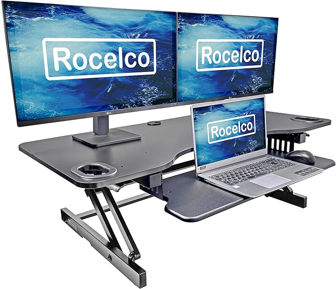 Rocelco 45" Height Adjustable Standing Desk Converter with Anti Fatigue Floor Mat and Slide Out Retractable Keyboard Tray - Sit Stand Up Triple Screen Tabletop Riser - Black (R ADRB-45-MAFM)