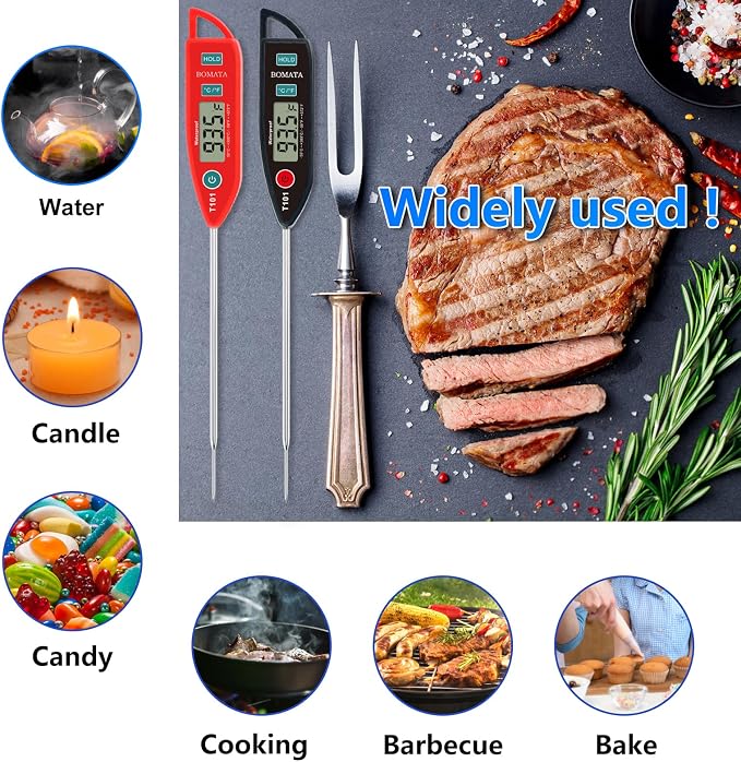 BOMATA 2 Pack Waterproof IPX7 Meat Thermometer, Food Thermometer | Instant Read, Long Probe, for Water, Liquid, Kitchen Cooking, Grill,BBQ ! T101 X 2 Pcs (Black & Red)…