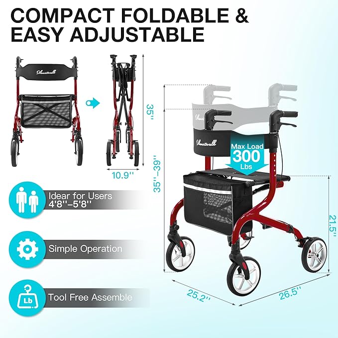 PLANET WALK Super Lightweight Rollator Walker for Seniors, Foldable Rolling Walker with Seat and 8" Rubber Wheels for All Terrain, Unique Design Aluminium Frame Sturdy Walkers for Traveling - Red