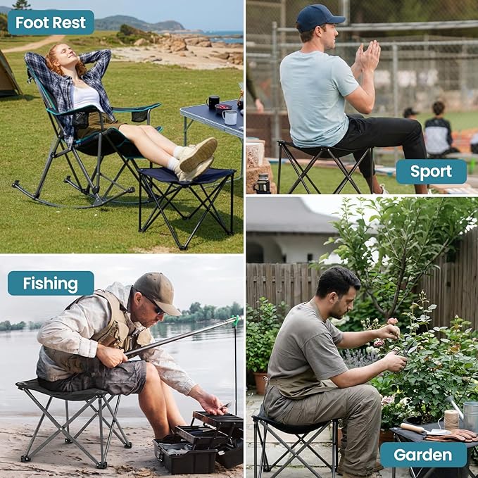 FUNDANGO Folding Camping Stool, 18.1 Inch Oversized Foot Stools 330 Lbs Heavy Duty Portable Padded Seat Anti-Slip Foots & Carry Bag for Fishing Outdoor Lawn Travel (Black)