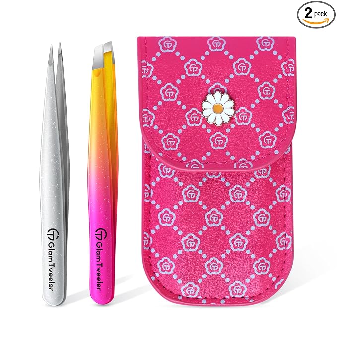 Expert Slant and Point Tip Tweezer Set with Exclusive Travel Case, GlamTweeler Sharp & Precision Tweezer Set for Eyebrows, Facial Hairs & Fine Hairs Removal (Sparkle Hot Pink + Silver)