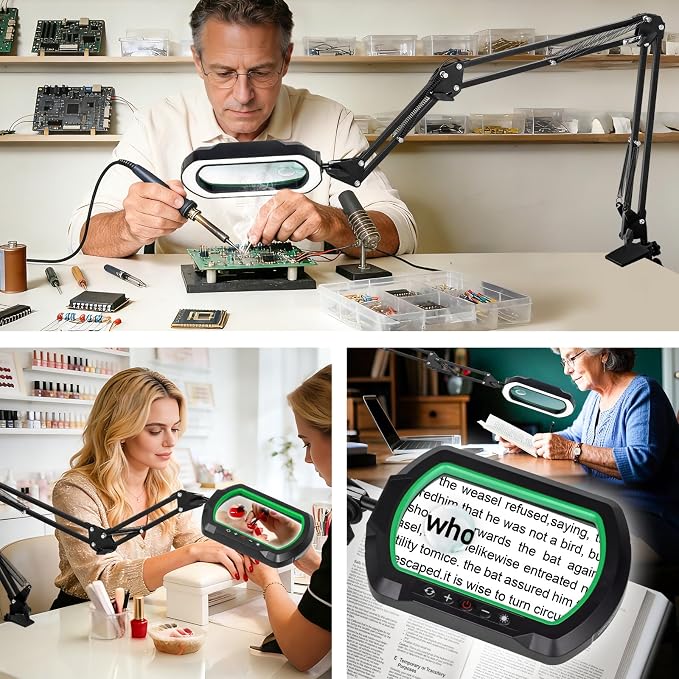 12X 30X Square 3-Section Magnifying Glass with Light and Clamp-Green | 5 Color Mode & Stepless Dimming LED Lamp, Ultra Long Hands-Free Lighted Magnifier for Workbench Reading Craft Hobby Sewing
