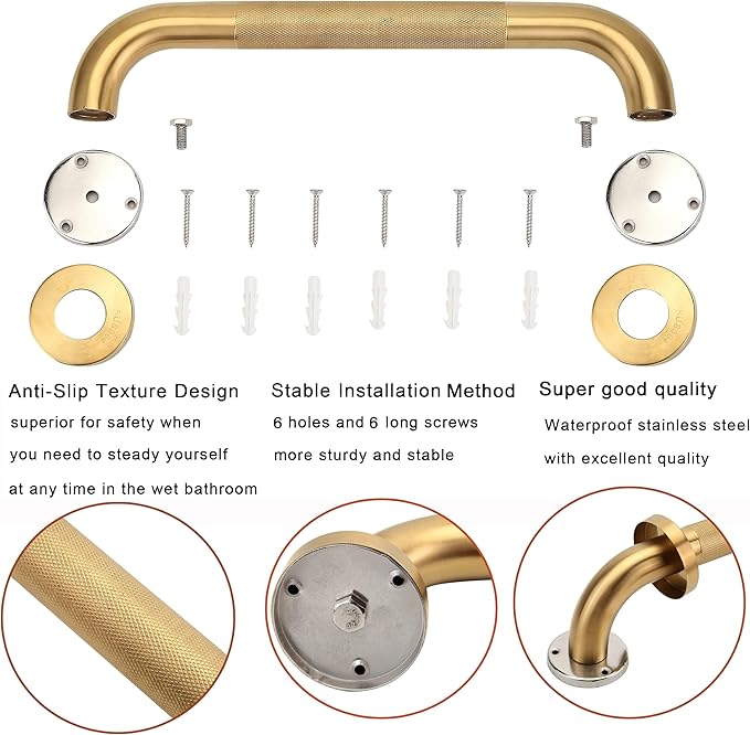 Shower Grab Bar, 2 Pack 24 Inch Gold Bathroom Grab Bar, 1.25" Diameter 304 Stainless Steel Anti-Slip Grab Bars for Bathtubs and Showers, Handicap Shower Grab Bar for Seniors Elderly
