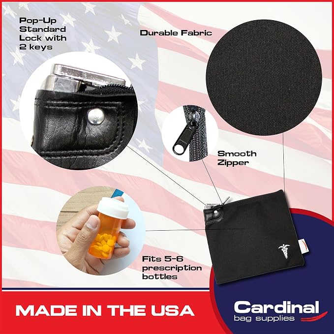 Canvas Medication Organizer Lock Bag, Black, 8 x 10 | Travel Pill Organizer, 2 Keys Included, Heavy Duty Lock System, Pill Pouch