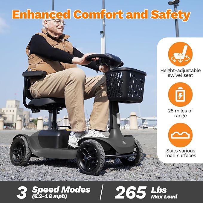 S1 Mobility Scooter for Adults, 4-Wheel Electric Mobility Scooter – 25-Mile Range, 6 mph, Smart Safety Features, Spacious Legroom, Swivel Seat, Headlight & Basket, Charger Included – Dark Gray