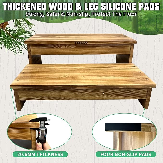 Long Wooden Step Stool, 2 Steps Wood Stool with Non-Slip Pads for Kitchen high Bed for Kids, Adults and Elderly (26.8" L*20.1" W*11.8" H)
