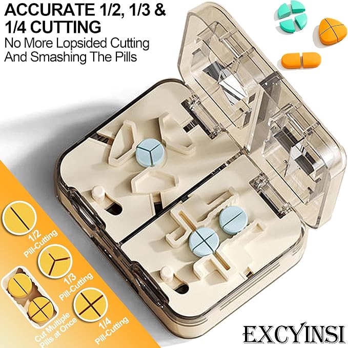 Pill Cutter Splitter for Tiny Small Large Pills - 1/2 1/3 1/4 Pill Splitter with Storage for Multiple Pills Cutting - Accurate Alignment Adjustable Pill Organizer