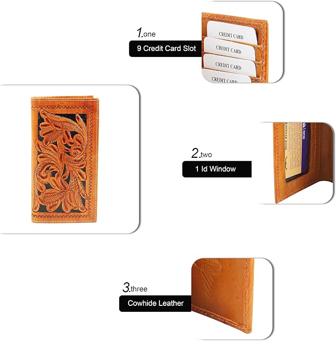 American Bison Arrigo Floral Design RFID Rodeo Wallet for Men – Hand-Tooled Cowhide Leather Wallet with Gift Box (Light Brown)