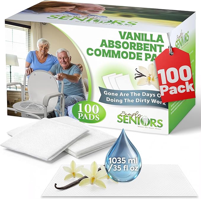 Commode Absorbent Pads for Bedside Commode Liners - 100 Vanilla Scented Pads for Portable Toilet Bags, Bedside Toilet Liners, Potty Bags for Portable Toilet, Potty Chair Liners - No More Dirty Works