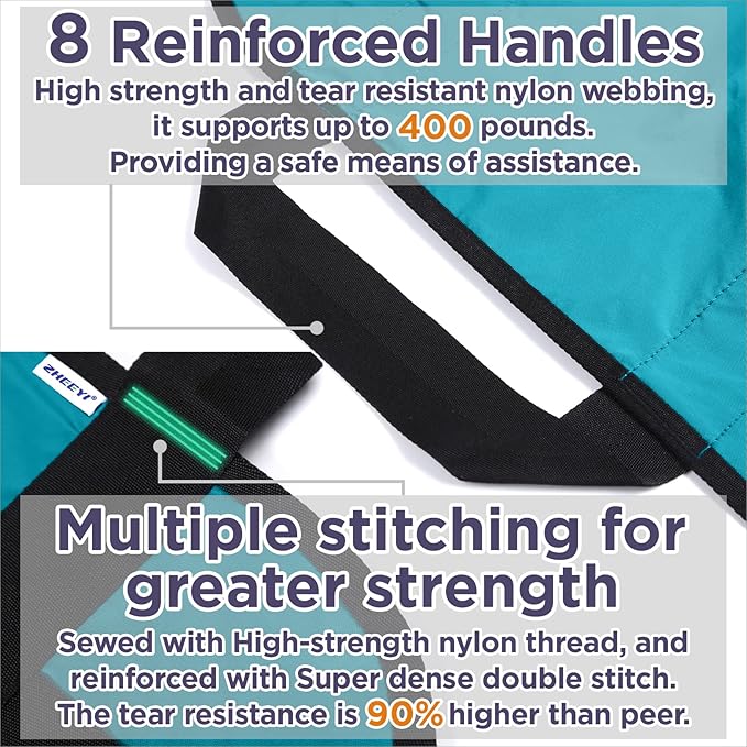 Multipurpose 48" x 40" Positioning Bed Pad with Reinforced Handles - Reusable & Washable Patient Sheet for Turning, Lifting & Repositioning - Double-Sided Nylon Fabric, Peacock Blue