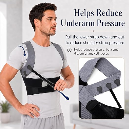 Posture Corrector for Men, Adjustable Upper Back Brace with Breathable Mesh Back, 4 Flexible Support Stays & Underarm Fit Adjustment, Back Straightener Helps Reduce Slouching Strain for Desk Work, Sitting, Reading & Posture Training