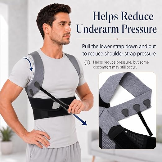Posture Corrector for Men, Adjustable Upper Back Brace with Breathable Mesh Back, 4 Flexible Support Stays & Underarm Fit Adjustment, Back Straightener Helps Reduce Slouching Strain for Desk Work, Sitting, Reading & Posture Training
