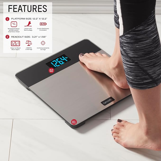 Taylor Digital Bathroom Scale for Body Weight, 400 lb Capacity, Tempered Glass Platform with Stainless Steel Accent, Large LCD Display, Weight Scale in Pounds Kilograms Stones, Set of 3