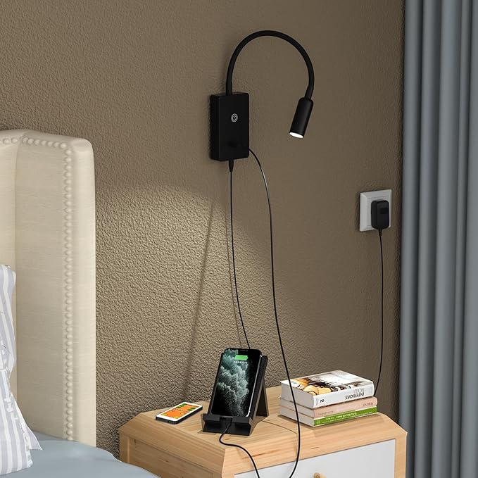 LED Wall Mounted Bedside Lamp with Flexible Gooseneck, Remote Control Black Wall Mount LED Reading Spot Light for Bedroom, Timer Auto Off, Stepless and Step Dimmable, Neutral White Lighting