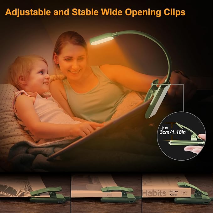 Gritin 16 LED Rechargeable Book Light for Reading in Bed | Eye Caring 3 Color Temperatures, Stepless Dimming Brightness, 80 Hrs Runtime, Lightweight Flexible Clip on Light-Dark Green