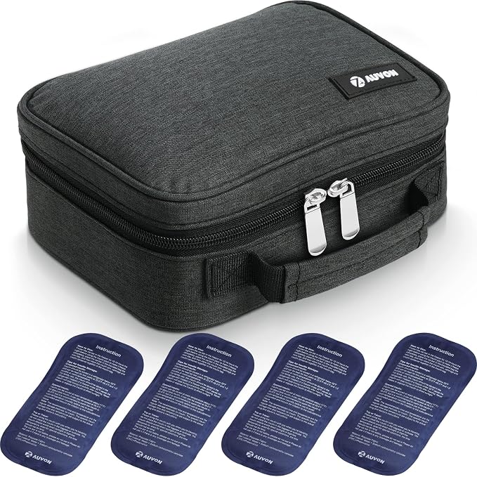 AUVON Insulin Cooler Travel Case, 4×160g TSA-Approved Ice Packs | Medication Cooler Bag for 8 Insulin Pens & Diabetic Supplies, Portable Handle for Daily Life and Trips