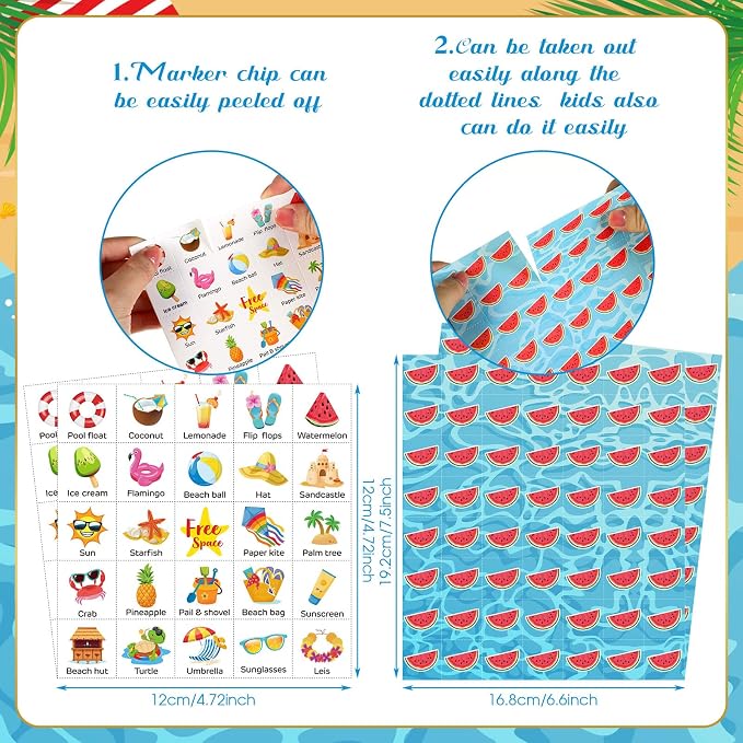 Liliful 35 Pcs Summer Bingo Games 24 Players Beach Party Bingo Cards Hawaii Party Games for Boys Girls Adults Family Classroom Activities Tropical Beach Luau Party Favors Supplies