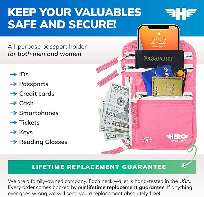 HERO Neck Wallet - RFID Blocking Passport Holder, Easy to Conceal Travel Pouch (Hot Pink)