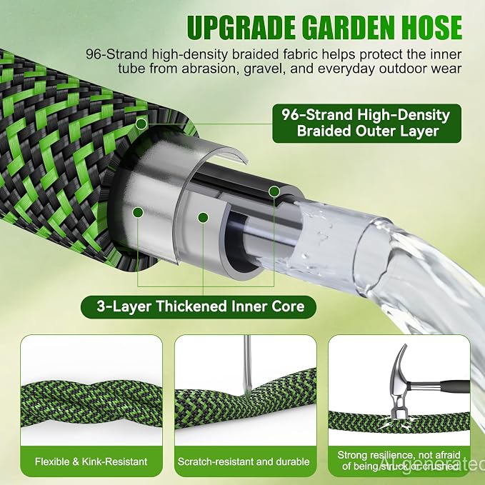 NON-EXPANDABLE Garden Hose 100ft x5/8'', Heavy Duty Flexible Water Hose with 10-Function Sprayer, Lightweight, Leak Proof, Durable Fabric Skin, Pressure Resistant for Yard, Outdoor
