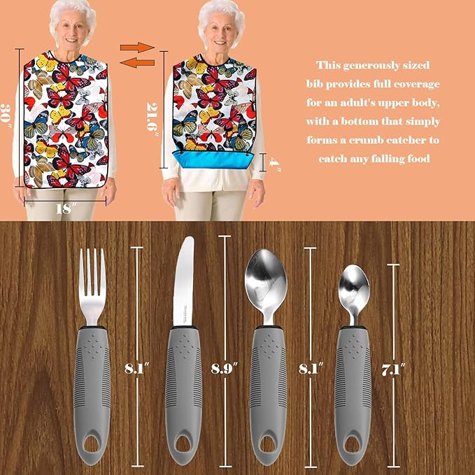 Adaptive Utensils with Adult Bibs - 4pcs Weighted Utensils Set (2.5oz Each) for Hand Tremors, Elderly, Parkinson's, Arthritis - Non-Slip Easy Grip Handles for Independent Eating