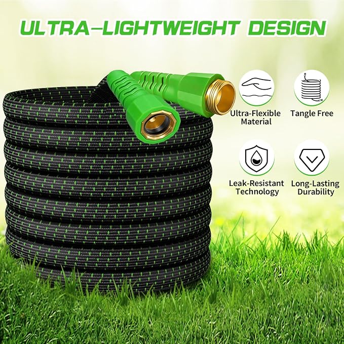25FT Flexible Garden Hose & 10Modes Nozzle,Lightweight Water Hose,Kink-Free,All-Weather 3/4 in. Hose for RV,Boat,Car Wash,Garden,Yard,Camper,Outdoor None Expanding (Green-Black,25 Feet)