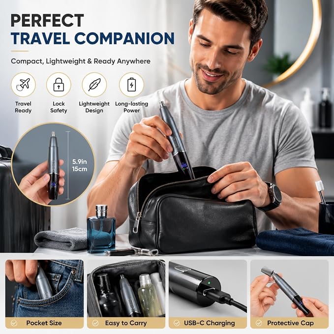 Nose Hair Trimmer for Men & Women, USB-C Rechargeable Nose & Ear Trimmer with LED Display, IPX7 Waterproof, Matte Metal Finish, Magnetic Protective Cap, Travel Ready, Space Gray