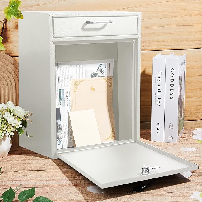 Yaocom Locking Mailbox with Key for Outdoor 18 x 15 x 7 Inches Large Wall Mount Mail Box with Lock Security Mail Drop Metal Collection Boxes Hanging Secure Postbox(Creamy White)