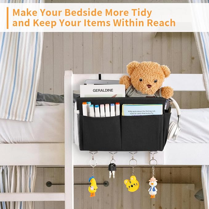 Bedside Caddy Organizer 5 Pockets and 4 Hooks for Bunk Bed Black | Hanging Storage Bag for Headboards