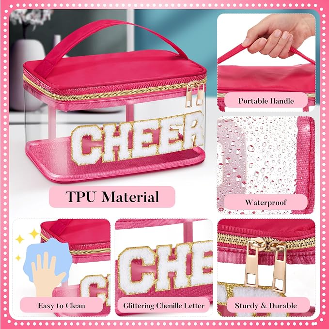 Geetery Chenille Letter Bag, Meds Cheer Travel Cases Cheerleader Gifts Cosmetic Bag Nylon Makeup Portable Preppy Patch with Zipper Toiletry Storage Case for Women(Hot Pink,Cheer)