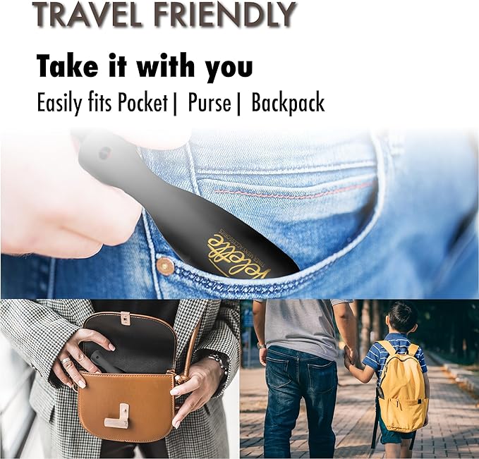 Velette Metal Shoehorn - 2 Pack 7.5" Long Shoe Horn, Travel Shoe Horn for Kids, Men & Women - Stainless Steel Shoes Helper, Spoon, Travel Size Shoehorn for Boots, Shoes, Sneakers & Heels - Black