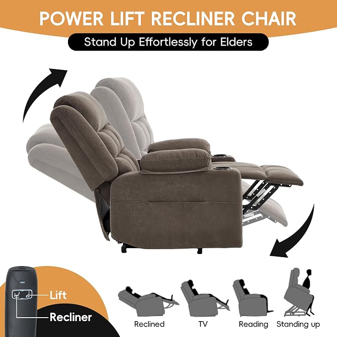 Power Lift Recliner Chair for Elderly Adults with Massage and Heat, Fabric Electric Recliner Sofa with Side Pocket, Two Cup Holders for Living Room L9912 (Brown)
