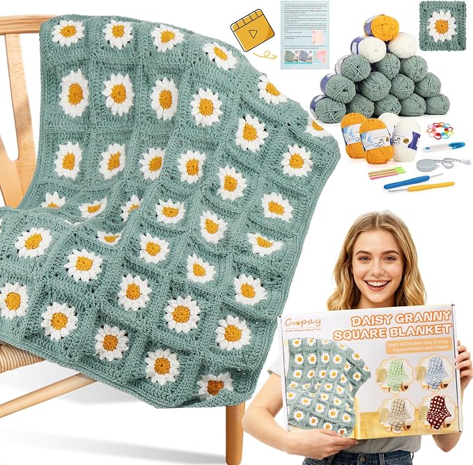 Coopay Crochet Kit for Beginners, Easy Granny Square Crochet Blanket Kit | Crochet Kit W/Video Tutorial & Digital Instructions, All Accessories Included, Easy Knitting to Create Granny Square Blanket