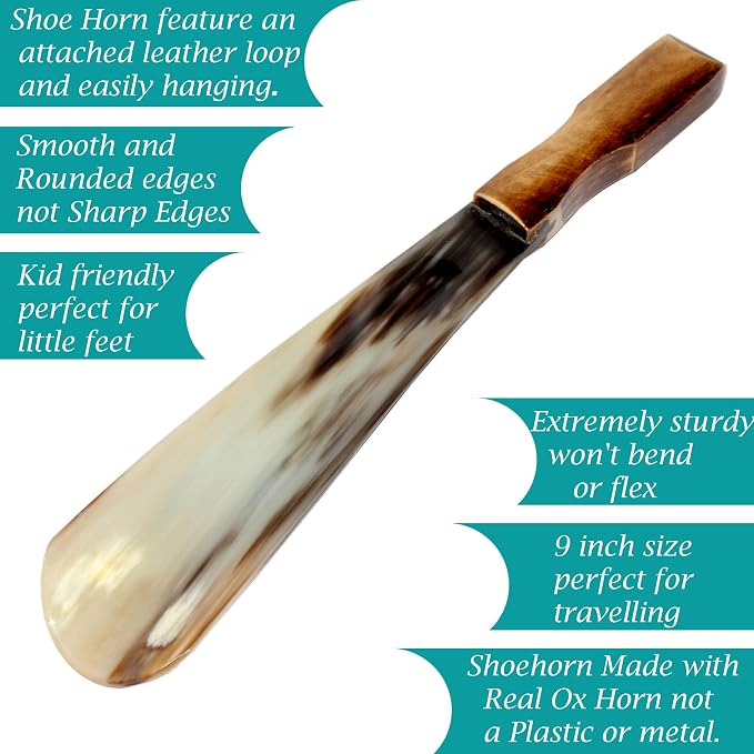 5MOONSUN5 Shoe Horn Made with Real Horn Handmade. Easy Grip Handle Shoehorn for Men,Women Seniors, Pregnancy, Elderly, Back Pain, Kids Shoes & Boots. Best Gift Idea Home or Travel Use.(9'' Bone)