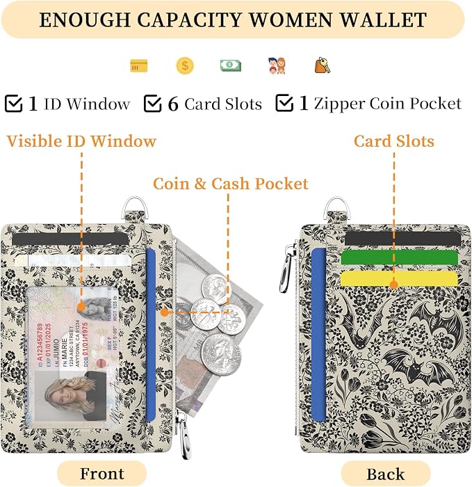 Hancynir Goth Bat Floral Slim Wallet Women Credit Card Holder RFID Small | Gothic Zipper Pocket, Thin Travel Coin Purse, Ladies Women Gifts, Card Case Wallet, 6 Card Slots, ID Window, PU Leather