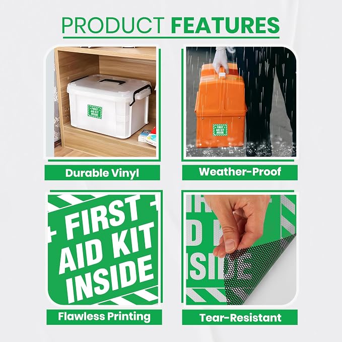 9 x First Aid Kit Inside Stickers | 4 x 5 Inch Premium Vinyl Safety Label Signs for First Aid Boxes | Self-Adhesive, Waterproof, UV Protected Decals for Indoor and Outdoor Use